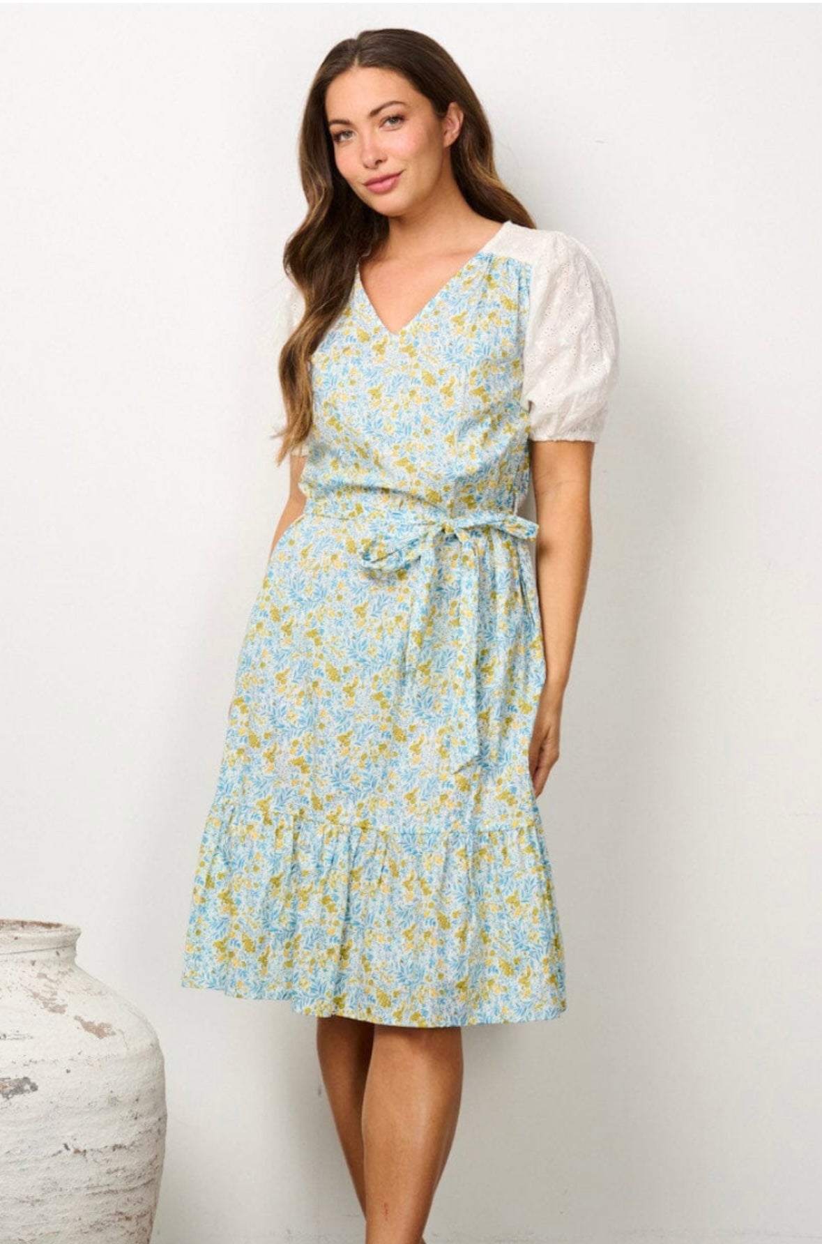 Eyelet Puff Sleeve Floral Midi Dress