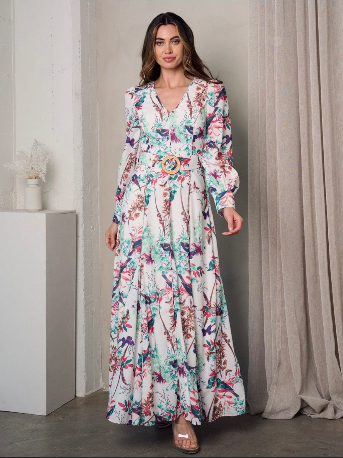 Multi Print Long Sleeve Maxi Dress