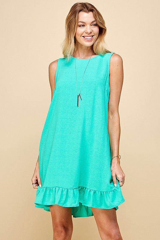 SOLID SLEEVELESS RUFFLED MIDI DRESS WITH BUTTON