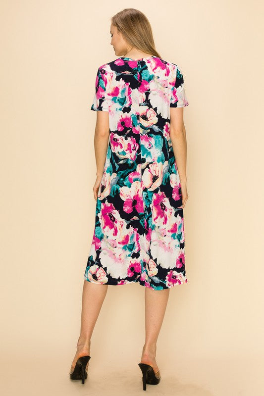 FLORAL SHORT SLEEVE MIDI DRESS WITH POCKETS