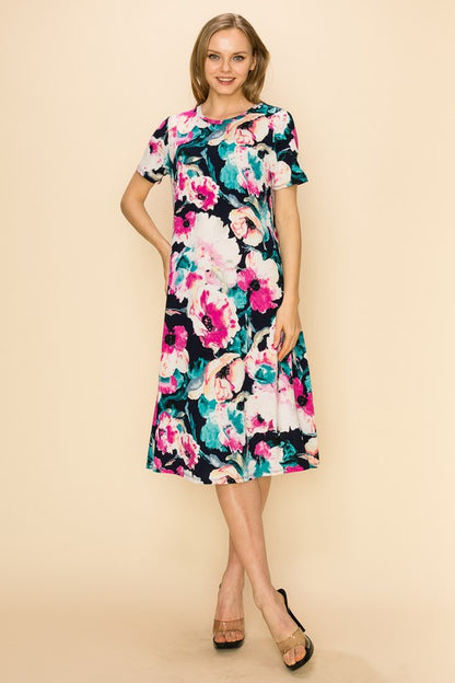 FLORAL SHORT SLEEVE MIDI DRESS WITH POCKETS