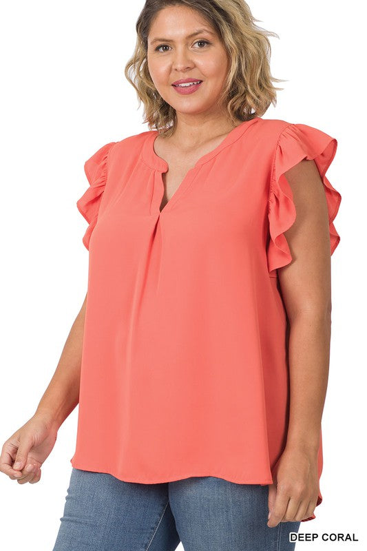 PLUS WOVEN WOOL PEACH RUFFLED SLEEVE HIGH-LOW TOP