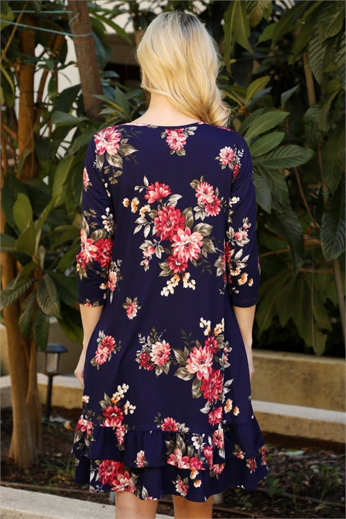 Flower Print 3/4 Sleeve Midi Dress