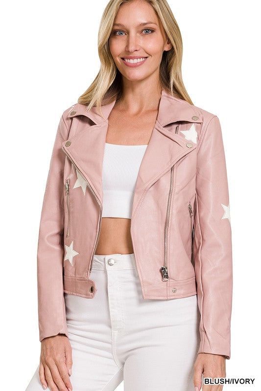 Vegan Leather Star Patch Moto Jacket