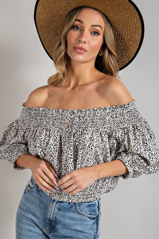 ANIMAL PRINT SMOCKED OFF THE SHOULDER TOP