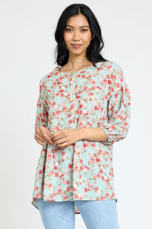 lightweight Button Accent Ditsy Floral Tunic