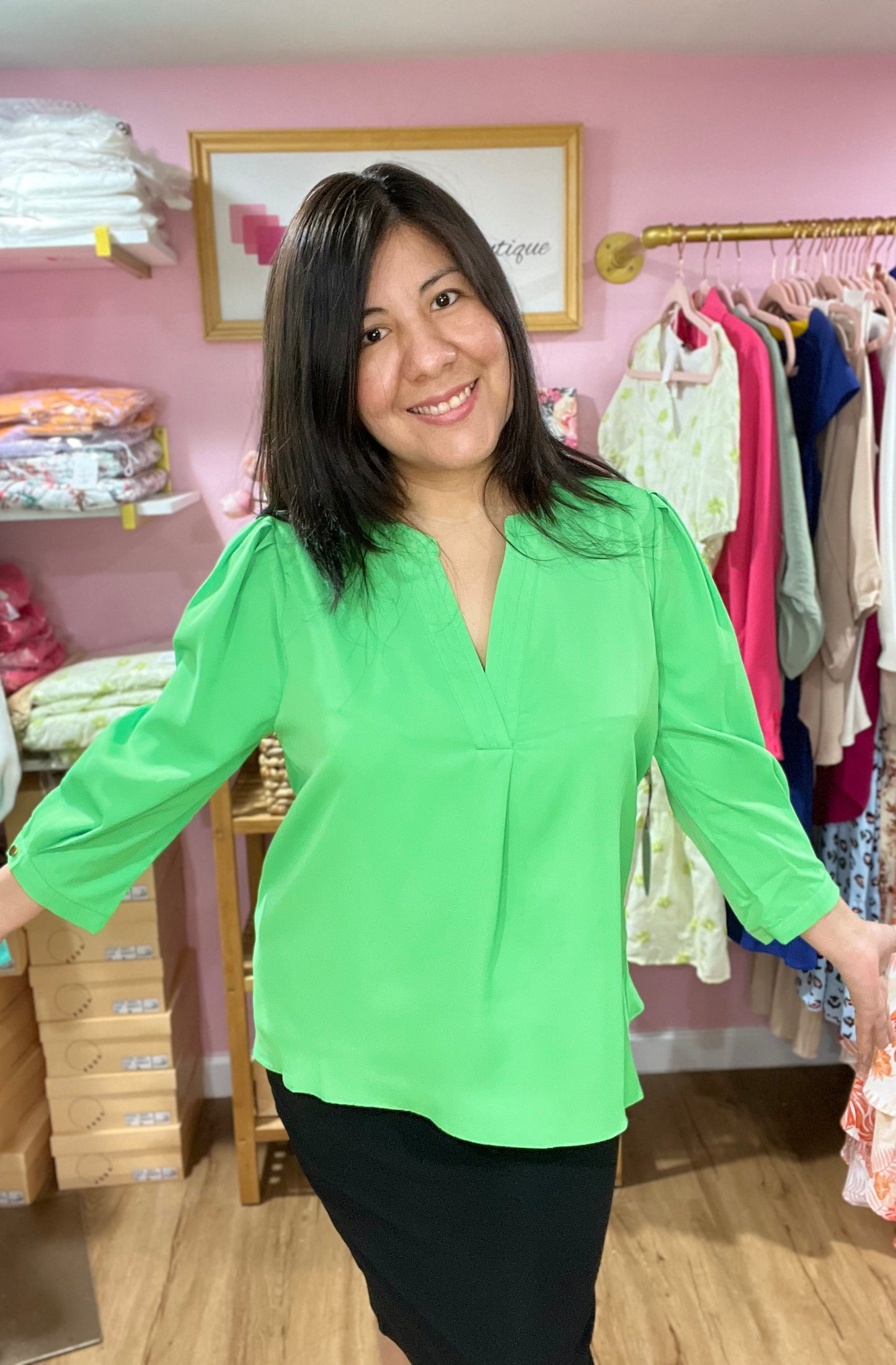 3/4 Sleeve Green Blouse