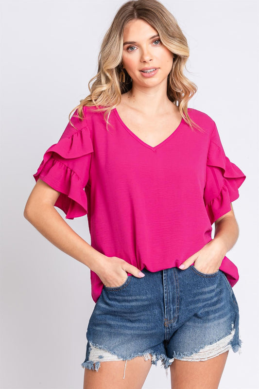 Ruffle Trim Short Sleeve Blouse