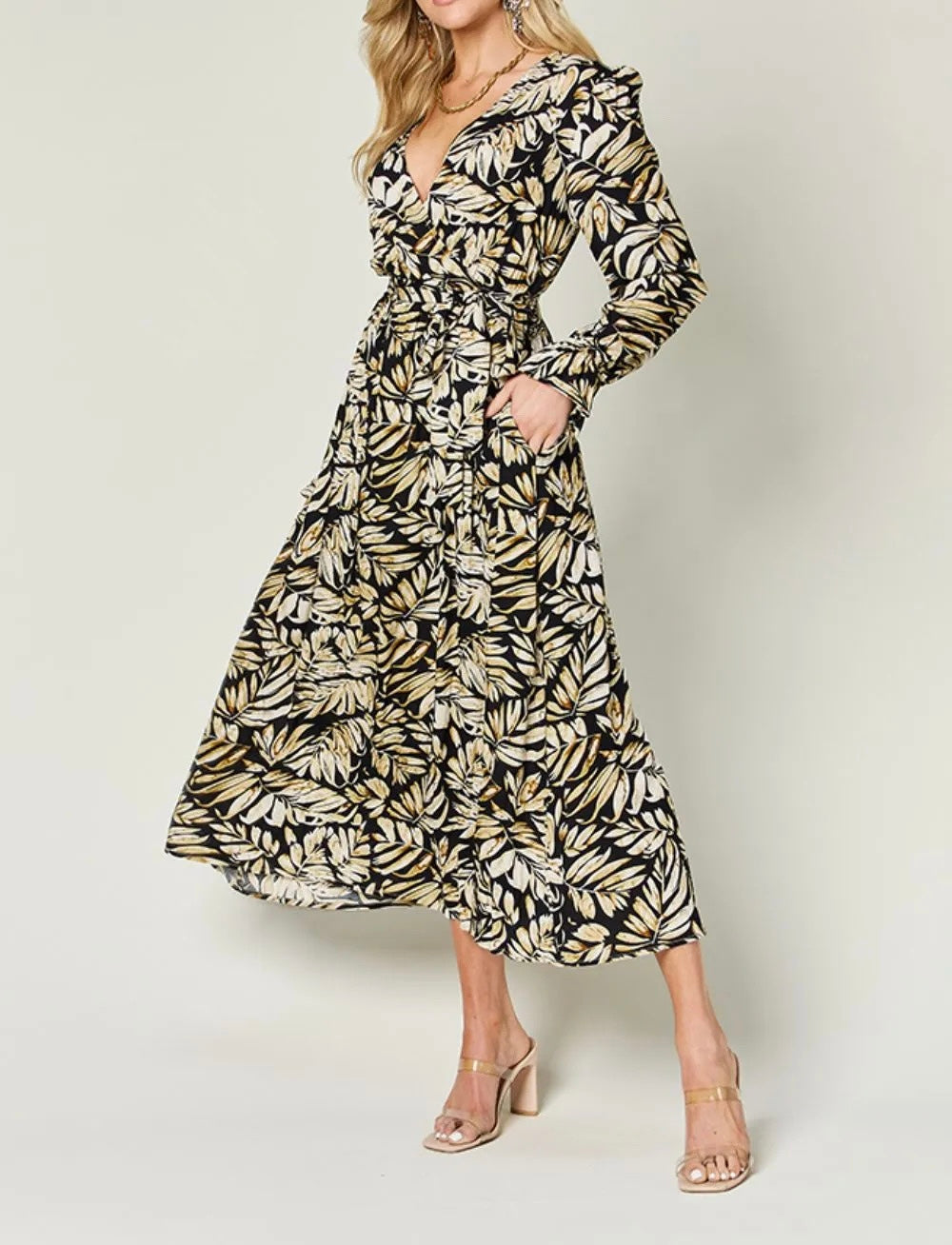 Ann Leave Print Midi Dress with Pockets