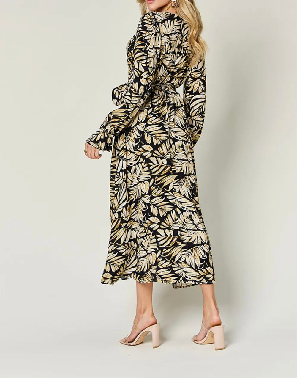 Ann Leave Print Midi Dress with Pockets