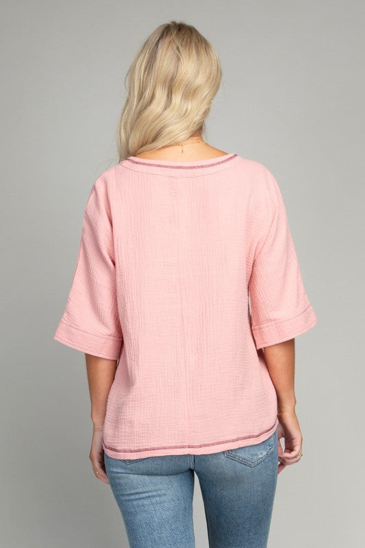 Pocket v neck top with contrast stitch