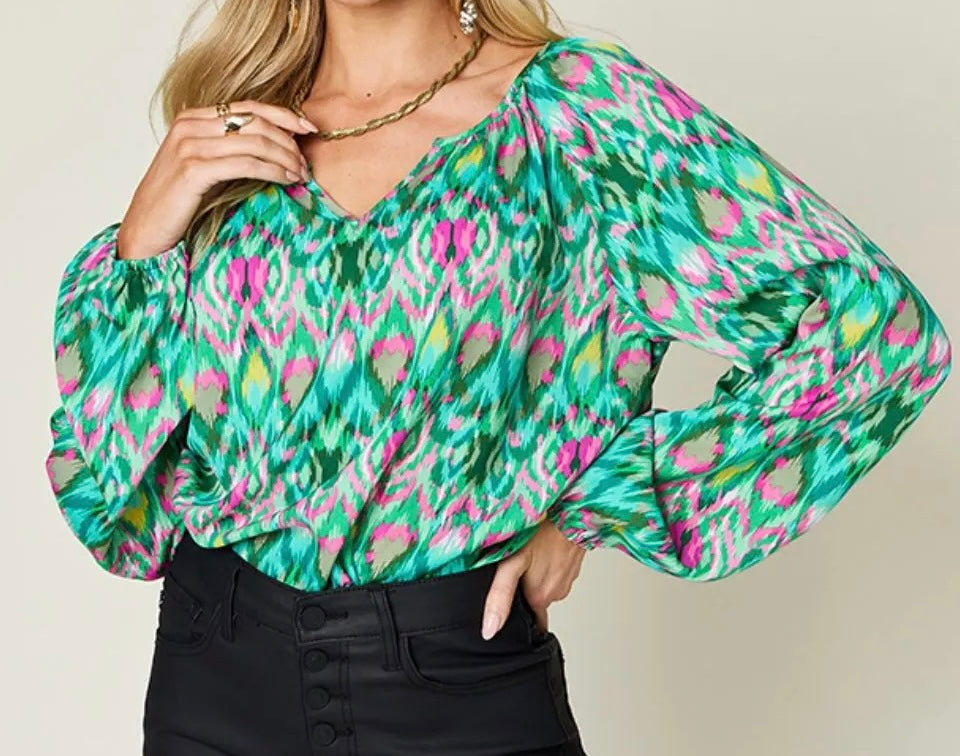 Arianda Balloon Sleeve Top In Green