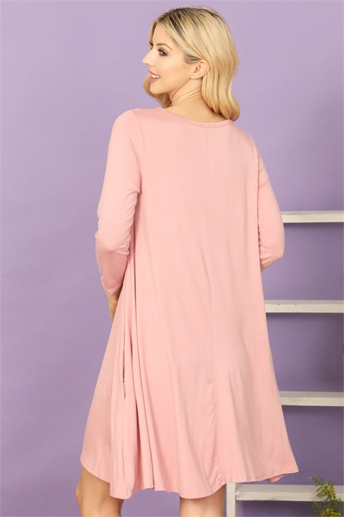 3/4 Sleeve Flowy Pink Dress