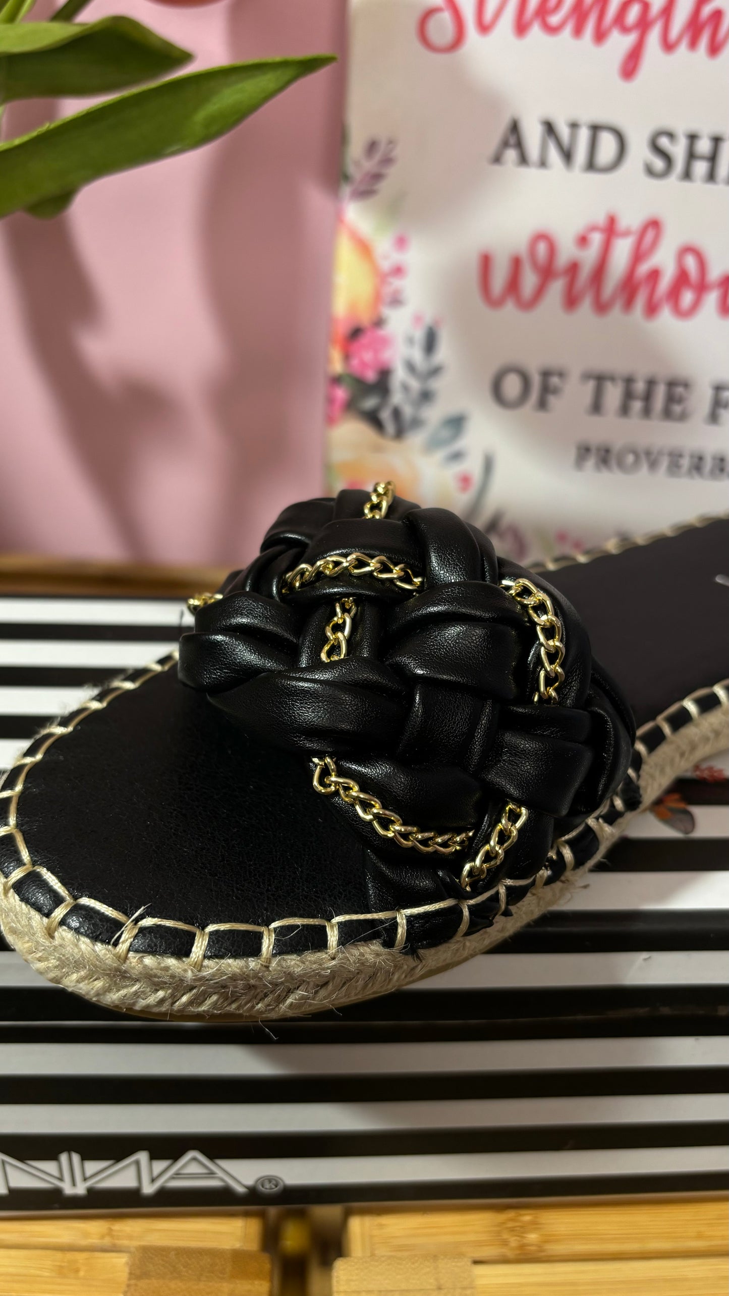 Braided Gold Chain Flat Sandals in Black