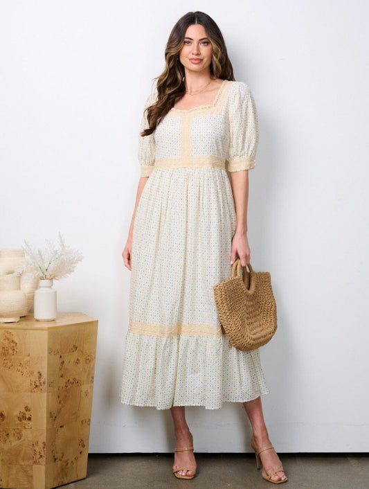 Just Me Embroidered Puff Sleeve Midi Dress