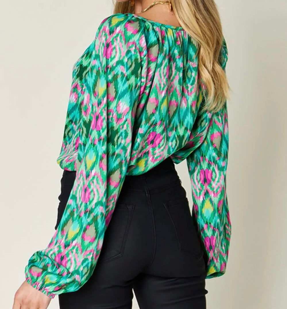 Arianda Balloon Sleeve Top In Green