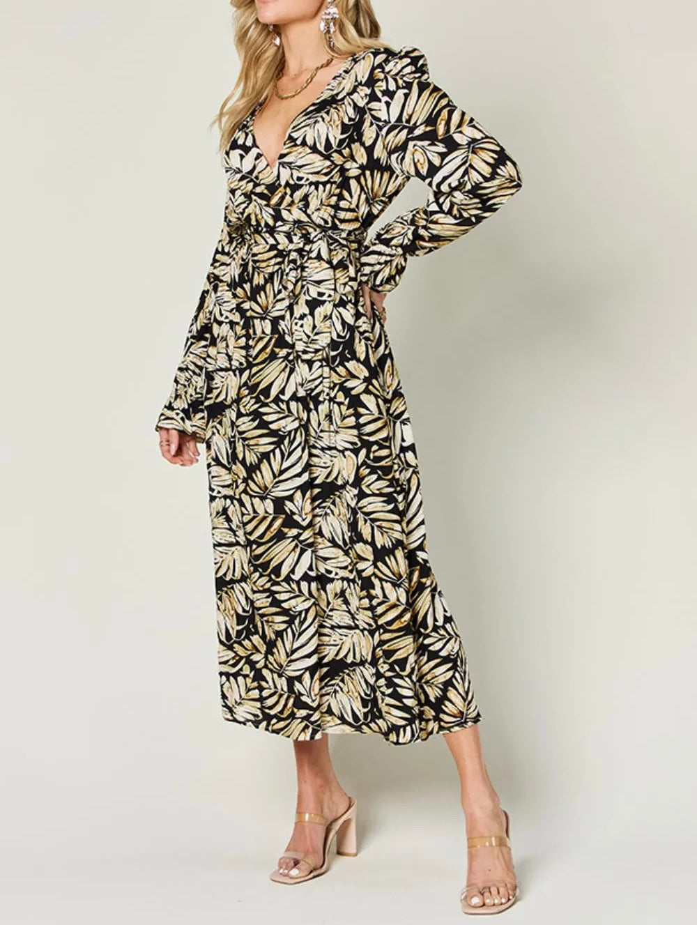 Ann Leave Print Midi Dress with Pockets