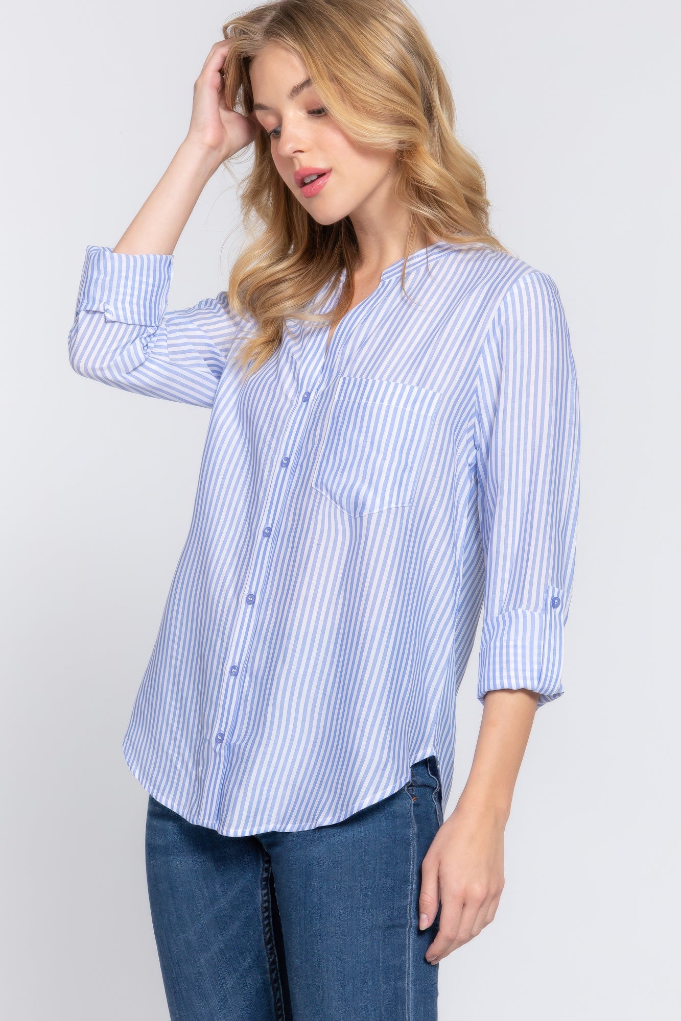 Stripe Woven 3/4 Sleeve Shirt