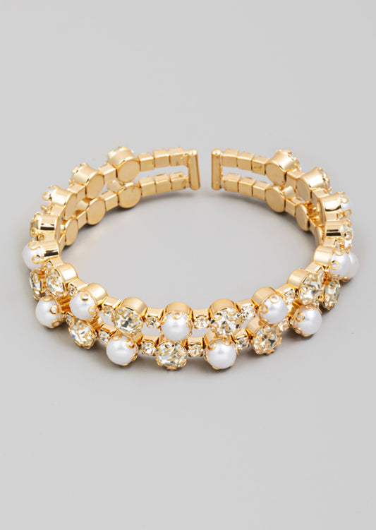 Gold Pearl Rhinestone Cuff Bracelet