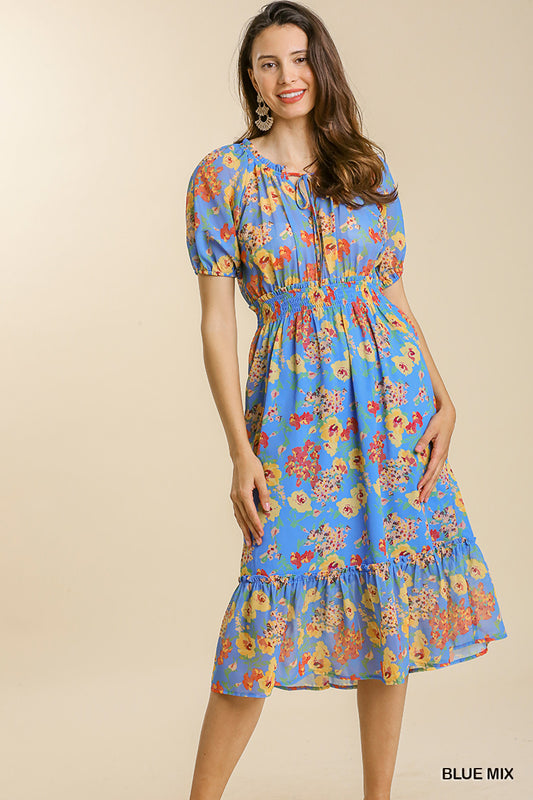 Puff Sleeve Floral Midi Dress