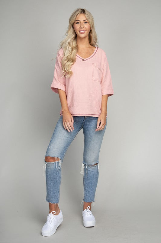 Pocket v neck top with contrast stitch