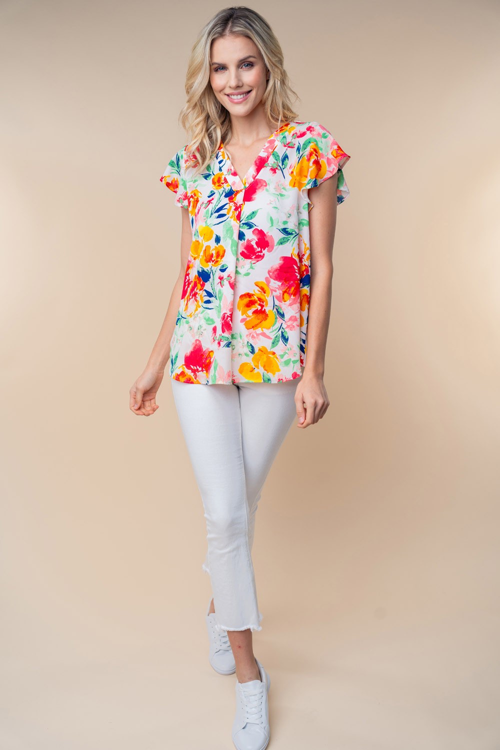 Full Size Short Sleeve Floral Woven Top