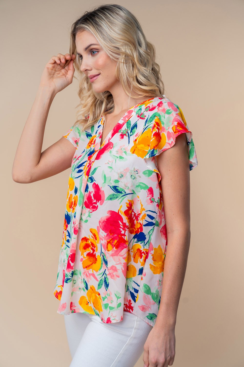 Full Size Short Sleeve Floral Woven Top