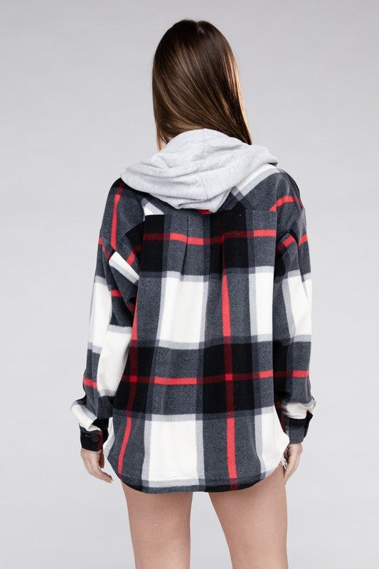 Plaid Drawstring Hooded Fleece Shacket