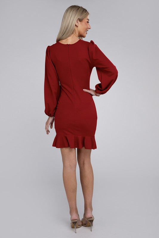 Ruched Long Sleeve Mini Dress in Red