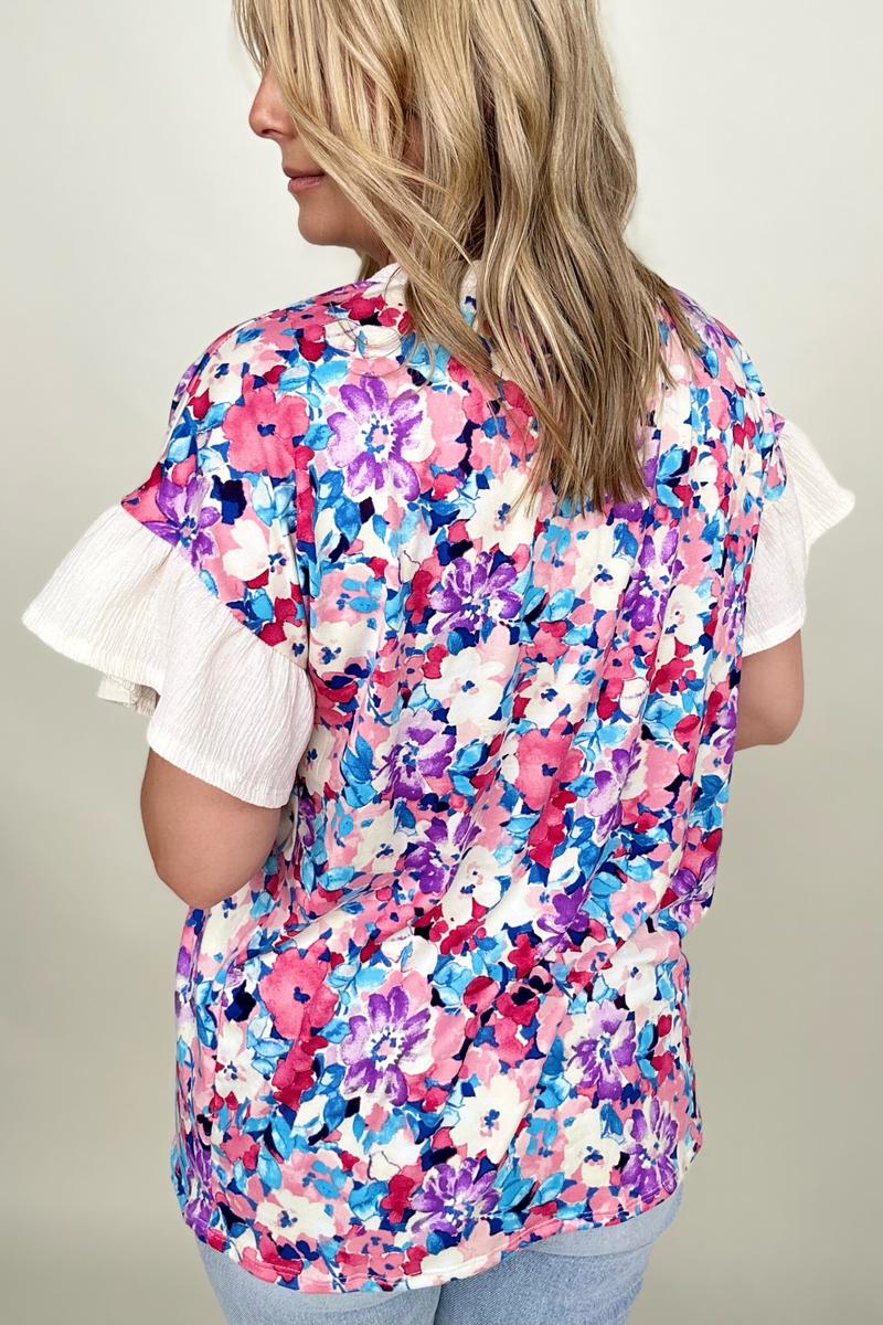 BiBi Floral Brushed Ruffle Sleeve Top